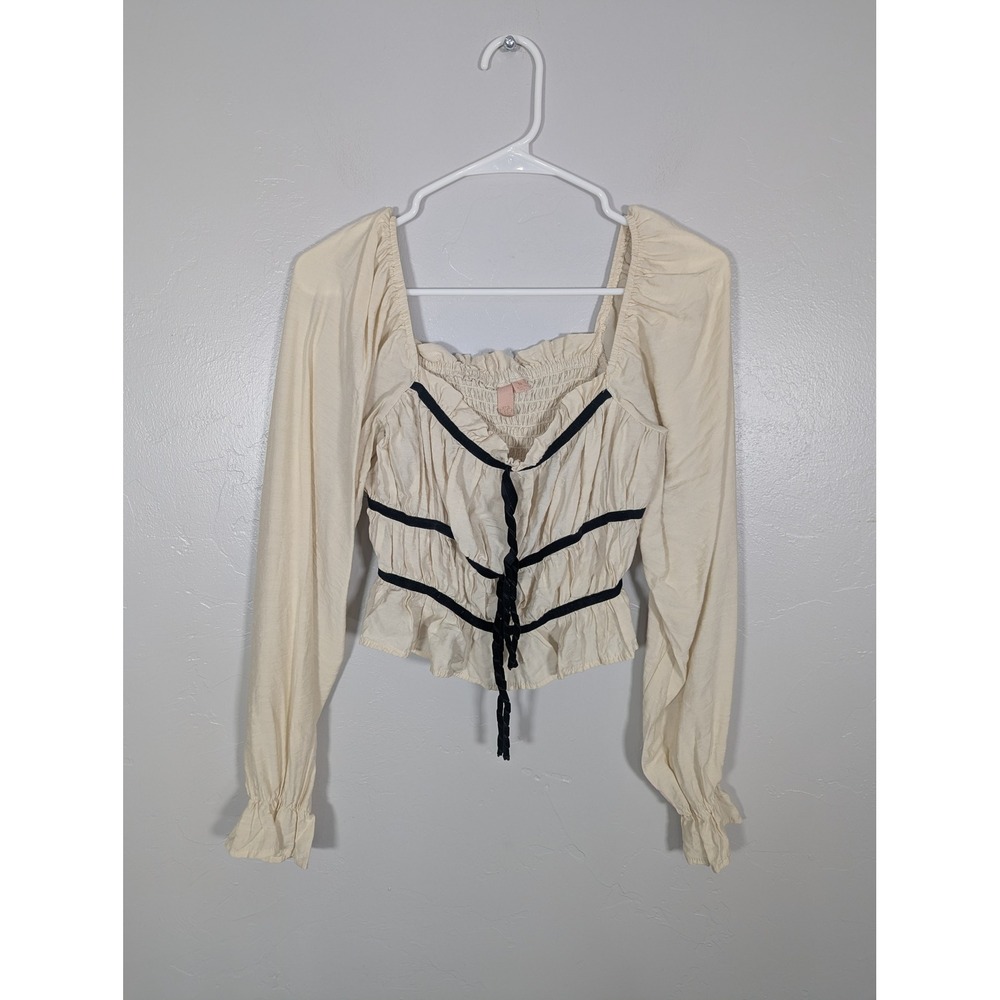 4 cloves Cream Ivory Velvet Trim Peasant Blouse Square Neck‎ Smocked Top M